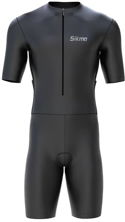 Sikma Men’s Cycling Skinsuit Padded One Piece Half Sleeves Net at the back Trisuit Bike Top Short (Black, Medium)