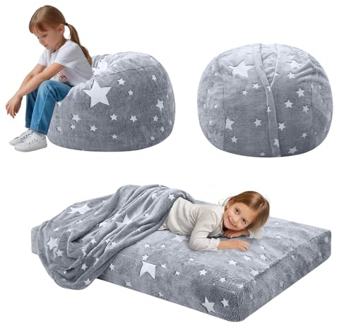 COMAX Kids Bean Bag Chair Turn into Beanbag Bed, Unicorn Toddler Bean Chair for Girl Boy Sleeping, Lazy Children Sofa Couch with Filler, Convertible Child Floor Mattress, Glowing Grey Star