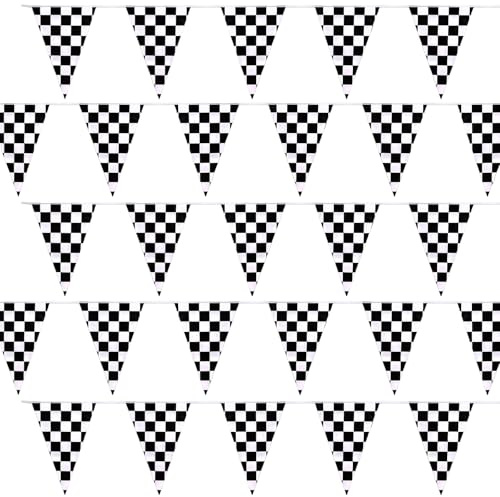 100Ft Checkered Flag Banner, Race Car Themed Birthday Party Decorations Supplies, Black and White Checkered Pennant Racing Banner