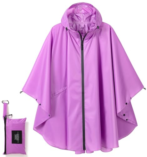 Royalotic Rain Poncho Reusable Adult Waterproof Hood Raincoat Packable Rain Jacket Zipper Rainwear Lightweight Cape with Pocket (purple)