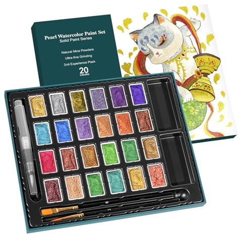 CraftyManor 3ml Glitter Watercolor Paint Set with Paper, 24 Colors Shimmer Metallic Watercolour Painting Sets, Solid Pearl Water Color Paints for Adult, DunHuang Style