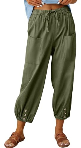 Anglevate Womens Trousers Summer Lightweight Cotton Loose Wide Leg Casual Ladies Cropped Trousers Harem Baggy Beach Pants Drawstring Elasticated Waist