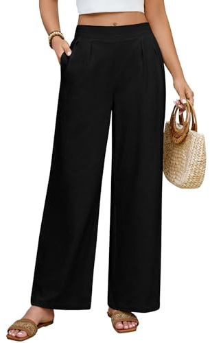PASUDA Pantalon Fluide Femme Été Coton Chic Leger Large Taille Elastique Décontractés en Tissu Confortables Plage avec Poche (Noir, M)