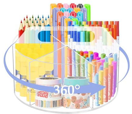 Qivine Support de Rangement pour 400 Marqueurs, Organisateur de Bureau Rotatif à 360°, Pot a Crayon Bureau en Acrylique avec 6 Compartiments et Poignée, pour Papeterie, Maquillage, Artisanat