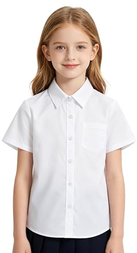 LOLANTA Chemise d'école Unie pour Fille, Blouse à Manches Courtes avec Poche Poitrine, Facile d'entretien, Infroissable, 7-13 Ans