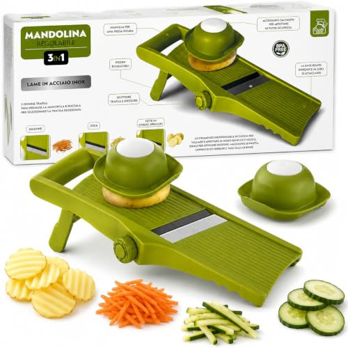 Mandolina da Cucina Regolabile 3 in 1 con Accessorio Salvadita, Affettaverdure Manuale in Acciaio Inox, Taglia Verdure e Patate Julienne, Stick e Fette Regolabili, BPA Free