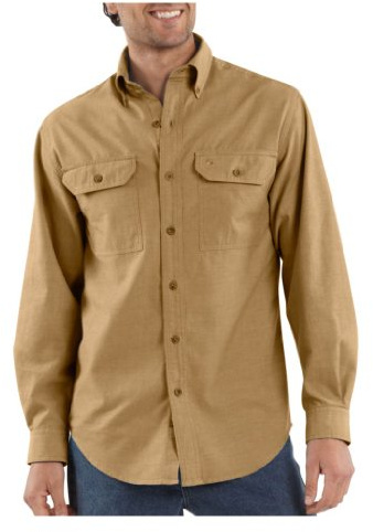 Carhartt Fort lätt Chambray-skjorta S202, med knapprad, lös passform, långärmad, liten, mörk ljusbrun Chambray, 1