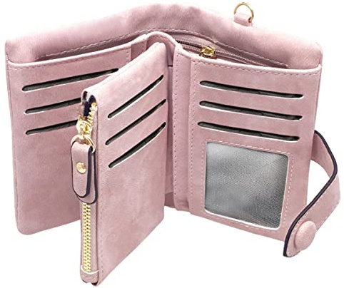 TOPKULL Bifold Small Rfid Soft Leather Ladies Trifold Wallets Billfolds Mini Wristlet Clutch Cute Zipper Coin Purse with Wrist Strap (Pink)