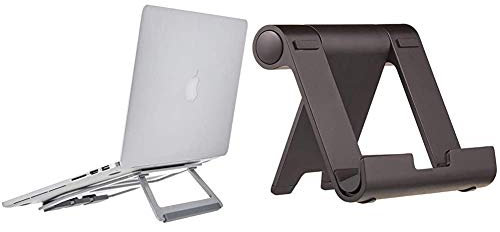 Amazon Basics Aluminium Foldable Laptop Stand for Laptops up to 15, Silver & Multi-Angle Portable Stand for Tablets, E-readers and Phones - Black