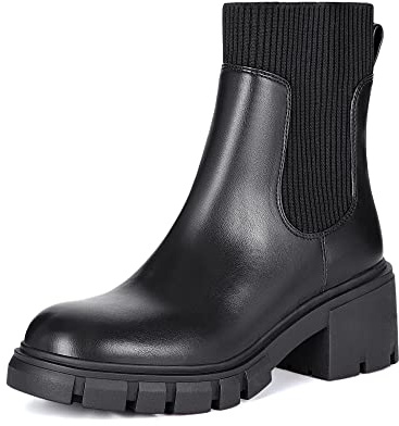 Athlefit Women's Black Chelsea Boots Fall Platform Ankle Boots Slip on Chunky Lug Sole Boots