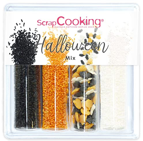 ScrapCooking - Décors Sucrés « Halloween Mix» 69 g - Assortiment 4 Variétés : Vermicelles Noirs, Blancs, Orange & Citrouilles Chauve-Souris - Décorations Gâteaux, Cupcakes, Anniversaires Enfant - 7519