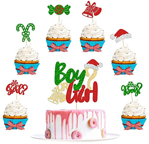 Gyufise 25Pcs Christmas Gender Reveal Cupcke Topper Glitter Hat Bell Snowflake Boy or Girl Cake Toppers for Winter Christmas Babyshower Gender Reveal Party Decorations