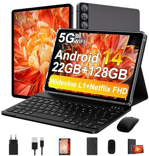 ZIOVO Tablet PC 10 Zoll Android 14 mit 22GB RAM+128GB ROM(1TB TF), Widevine L1, 5G WLAN, Octa-Core 2.0GHz, 8000mAh, 5+8MP, BT 5.0, AGPS, Metallgehäuse Tablet mit Tastatur und Maus - Grau