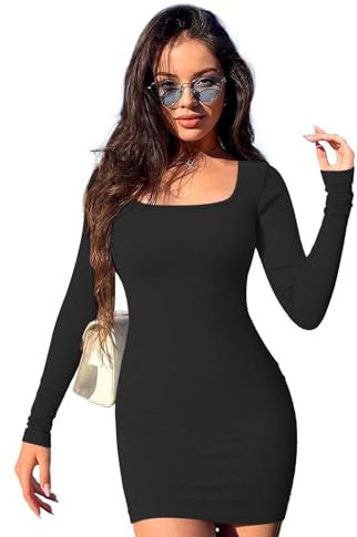 Gkaopi Damen Strickkleid Schlank Langarm Quadratischer Ausschnitt Stretch Basic Kleid Club Cocktail Party Einteiliges Minikleid