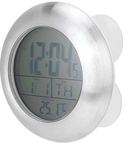 HERCHR Waterproof Bathroom Wall Clock, Strong Suction Cups Digital Shower Wall Clock with Temperature Month and Date Display Round Alloy Bathroom Timer Clock