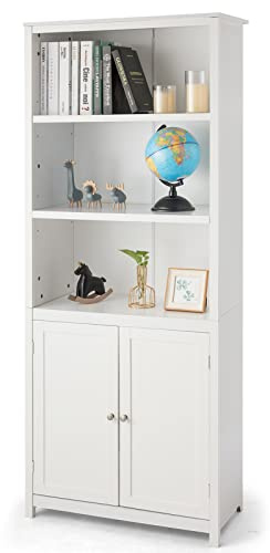 SFAREST Wooden Bookcase, 5 Tier Freestanding Bookshelf with 2 Doors Cupboard & 2 Adjustable Shelves, 5-Tier Storage Shelving Display Shelf Cabinet Unit for Living Room Bedroom Hallway Office (White)