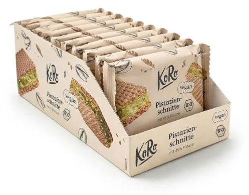 KoRo - Wafer ripieni con crema di pistacchi 22 g – 45% di ripieno ai pistacchi – Cioccolato bianco – Vegan