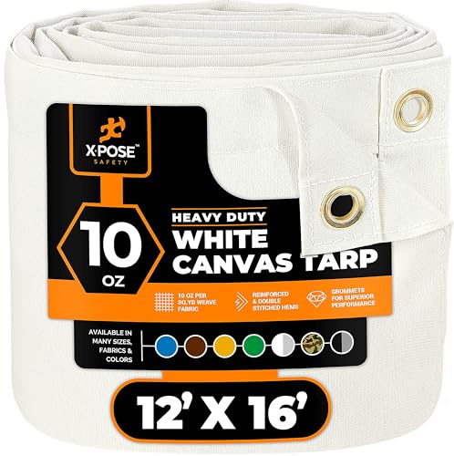Xpose Safety Canvas Tarp - 10oz White Canvas Tarps Heavy Duty Water Resistant with Brass Grommets- Multipurpose Outdoor Tarpaulin for Camping, Canopy, Trailer, Equipment Cover 12' x 16'