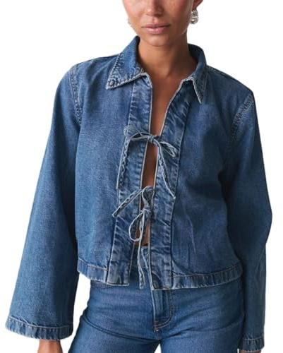 Yassiglia Y2k - Camisa vaquera elegante para mujer, blusa con lazo, manga larga, para otoño, azul marino, XL