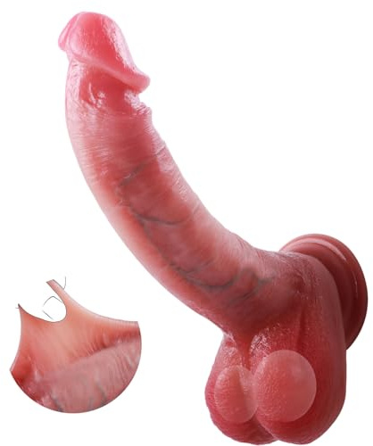 Uncut Realistic Dildos Foreskin Dildo with Movable Balls,Liquid Silicone Real Skin Dildo with Suction Cup, Strap-On Harness Sex Toys for Men and Women G Spot Pleasure Vaginal or Anal Play
