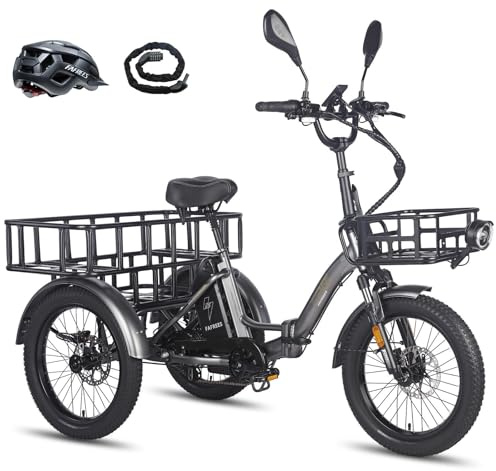 Fafrees F20 MATE Electric Tricycle Bike, 20 * 3.0 Inch Folding Fatbike, 48V/21Ah Battery, Front Basket + Large Rear Rack, Range 85-115KM, Electric Cargo Trike for Adult Senior (Grey)