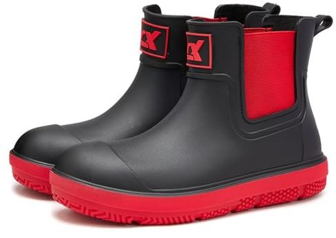 LIOERDIWE Ankle Rain Boots Men Women Waterproof Deck Boots Anti-Slip Rubber Chelsea Garden Work Shoes Short Mud Booties Fishing Farming Camping(Black Red,11 Women/9.5 Men)
