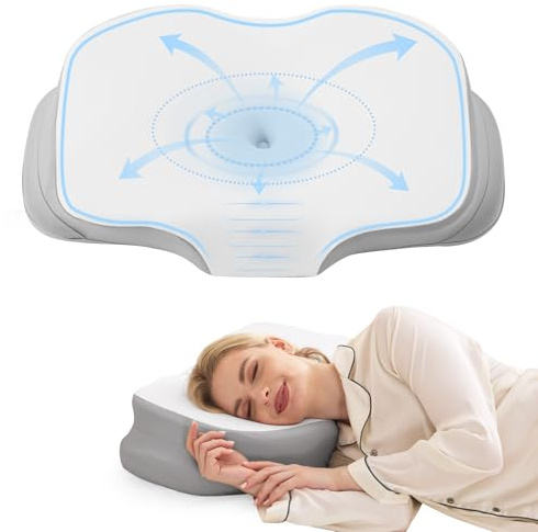 Nappixel Cervical Neck Pillow for Sleeping, Ergonomic Side Sleeper Pillow, Memory Foam Pillows for Neck and Shoulder Pain Relief, Removable Washable Cooling Cover, Grey & White