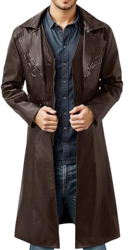 Generisch Cappotto in pelle da uomo lungo in similpelle trench con tasca costume medievale colletto alla coreana cappotto invernale steampunk gotico vintage giacca in similpelle business classico