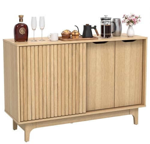 COSTWAY Kitchen Sideboard, Fluted Wooden Storage Cabinet with Adjustable Shelves, Sliding Door & Anti-Toppling Devices, Freestanding Display Cupboard Floor Cabinet for Kitchen Dining Room Living Room
