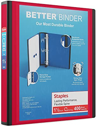 Staples Better Binder 1.5-Inch D-Ring View Binder, Reinforced Spine, Holds Up to 350 Sheets, Red, for Office & School