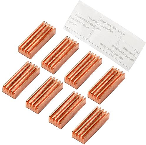 sourcing map 8 Pcs MC-200 Copper Heatsink, 22mmx8mmx5mm Mini Heat Sink Self-Adhesive Memory IC Chipset Cooling Fins Cooler for DDR VGA