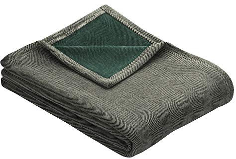 Ibena Aberdeen Kuscheldecke 150x200 cm - Decke grau grün mit elegantem Fischgratmuster, dicht gewebte und wärmende Wolldecke