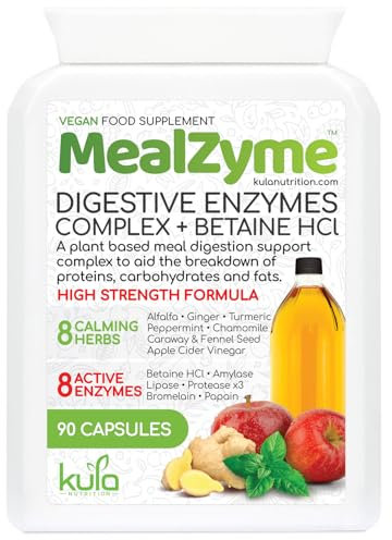 MealZyme - Digestive Enzyme Supplement - 8 Plant Based Complex with Bromelain, Betain HCL, Amylase, Protease, Lipase, Papain and Peppermint for Fast Indigestion and Bloating Relief - 90 Vegan Capsules