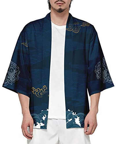 Veste Kimono Homme Manches 3/4 Japonais Style Ouvert Cardigan Impression de Motifs de Grue