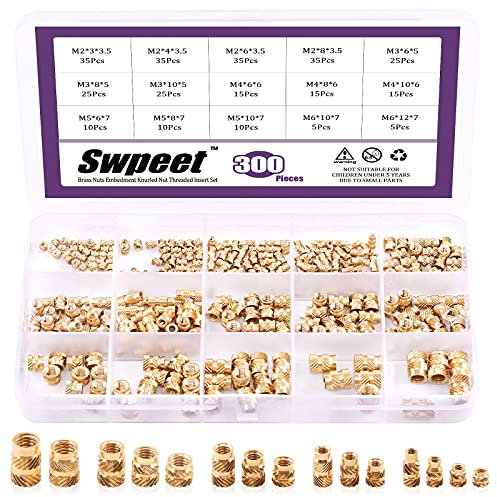 Swpeet Lot de 300 écrous moletés en laiton fileté 5 valeurs M2 M3 M4 M5 M6 pour moulage par injection d'imprimante 3D