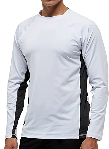 Arcweg Rashguard Homme Manches Longues M-3XL T-Shirt Anti-UV UPF 50+ Sechage Rapide Léger pour Surf Natation Plongée Plage (Blanc et Gris, M)