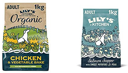 Lily's Kitchen Organic Chicken & Vegetable Bake Complete Adult Dry Dog Food (1 kg) & Salmon Supper Natural Grain Free Complete Adult Dry Dog Food (1kg)