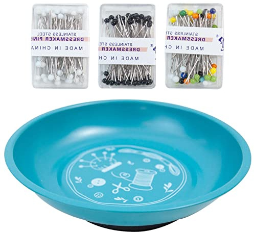 Magnetic Pin Cushion,Magnetic Sewing Pincushion with 150 Head Pins,Magnetic Bobby Pin Holder,Round Sewing Needles,Dressmaking Pick Up Paperclips for Pin Storage (Blue)
