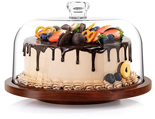 jkwokback Cake Stand with Acrylic Dome, Rotating Cake Plate Acacia Wood Cake Stand with Acrylic Lid, Cake Decorating Turntable for Baking Gifts, Birthday Kitchen Party, Weddings