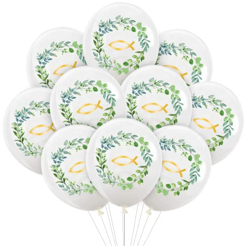 Bluelves 30 Palloncini Prima Comunione, Bianco Palloncini con Motivo a Pesce e Ghirlanda, Palloncini Comunione-30 cm(bianchi)