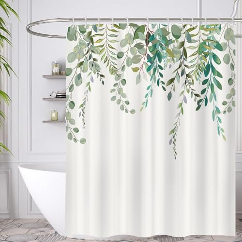Figarge Duschvorhang Textil Anti Schimmel Wasserdicht Waschbar Duschvorhänge 180x200 Shower Curtains mit 12 Haken für Badezimmer, Badewanne (Blätter am unteren Saum)