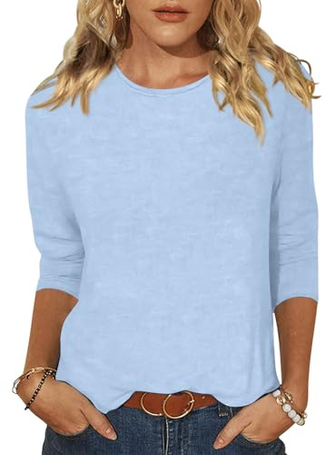 EADINVE Women's Casual 3/4 Sleeve T-Shirts Round Neck Cute Tunic Tops Basic Tees Blouses Loose Fit Pullover Blue