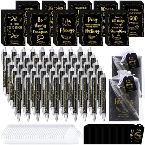 Qeeenar 200 Pcs Christian Gifts Bulk Sets Bible Verse Religious Ballpoint Pen and Notebook Gift Set with Thanks Tags Organza Bag Gift Bulk for Women Church Christian Party Favors(Black,Fresh)