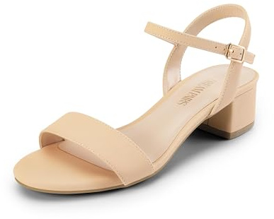DREAM PAIRS Women's Low Heels for Women Classic Open Toe Ankle Strap Block Chunky Heel Sandals Holiday Party Wedding Dress Pumps Shoes,Size 7,Nude-Nubuck-1,SDHS2301W-1