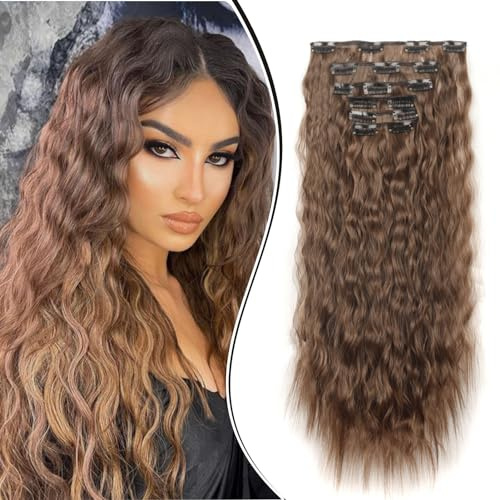Dcbaboo Clip in Extensions hårdel, hårförlängning, vågig 6 st 50 cm, förlängningsklämma i hårförlängningar, som äkta hår, prisvärt, hårförlängning, syntetiska lockar, långa, mörkbrun/mörkrödbrun