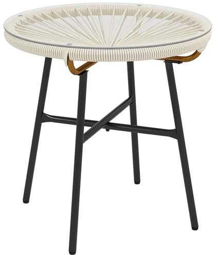Outsunny Mesa de Jardín de Ratán Sintético Mesa de Centro Redonda para Exteriores con Tablero de Vidrio Templado y Patas de Metal para Patio Balcón Ø50x50 cm Crema