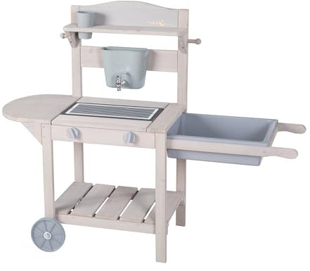 roba Cuisine d'Été BBQ sur roulettes - Barbecue d'Extérieur pour Enfants - avec Évier en Plastique, Réservoir à Eau et Gobelet - Idéale de 18 Mois à 8 Ans - Gris Clair