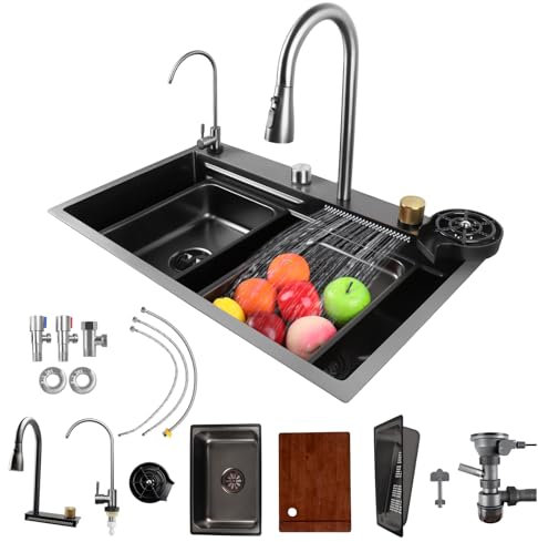 Fulgutonit Waterfall Kitchen Sink, Multifunctional Smart Kitchensink with Waterfall Faucet, Grey & Black Kitchen Sink Unit with Cup Rinser & 4 Spray Modes, 75x46CM