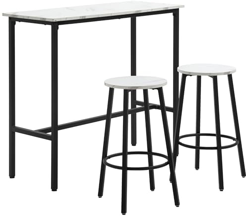 HOMCOM 3 Piece Bar Table Set, Modern Dining Table Set for 2 with Stools, Steel Frame, Footrest for Kitchen, Living Room, Small Space, White
