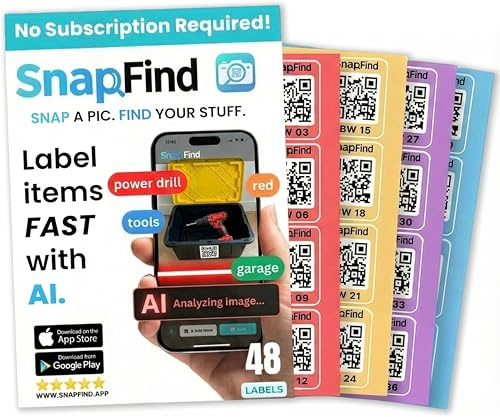 SnapFind Smart QR Code Labels – AI Auto-Labeling, No Typing! Storage Bins & Moving Containers – iOS and Android App – 48 Color-Coded Stickers (2.5 x 2.5)